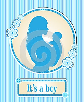 It's a boy . card with a newborn baby, the silhouette of a mother and child, congratulations on the birth of a vector