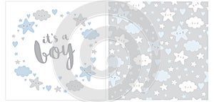 It`s a Boy. Lovely Baby Shower Illustration and Seamless Vector Pattern.