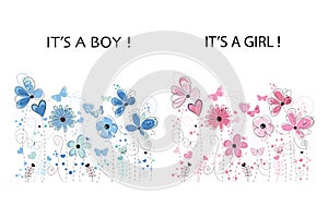 It`s a boy. It`s a girl. Baby shower greeting card. Floral greeting card. Pink and blue colored abstract decorative spring flowers
