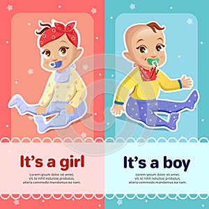 It s a boy and It s a girl illustration for newborn baby shower greeting card design