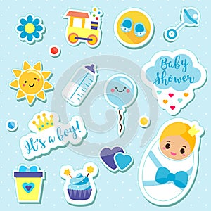 It`s a boy stickers set in blue colors. Kids, children design elements for scrapbook. Decorative vector icons with newborn symbol