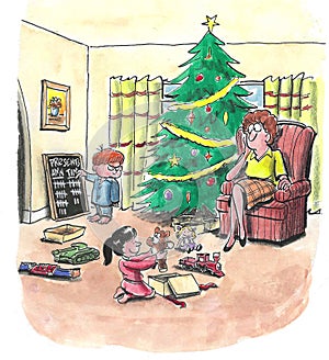 It\'s Christmas Morning and the Son is Counting Presents by Child