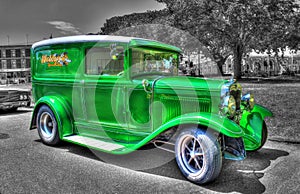 1930s classic American Ford Model A delivery van on a black and white background