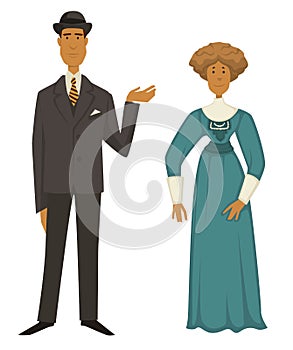 Retro fashion of 1910s, man in suit and hat, woman in dress with jabot photo