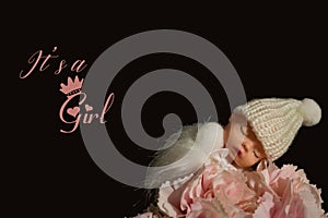 It\'s a girl announcement Baby doll on pink flowers with black background