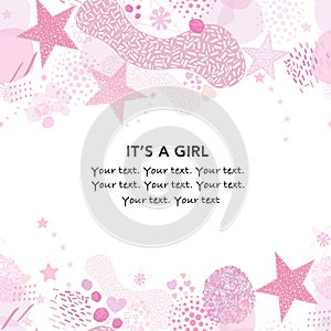 It`s a girl. Baby shower greeting card with square, dots and lines greeting card