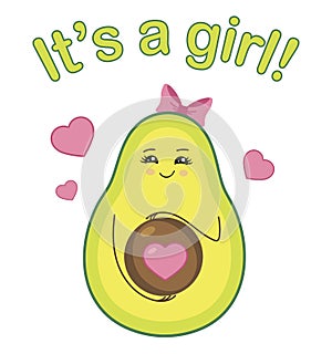 It`s a girl. Baby shower party. Gender of a child. Pregnancy announcement. Expecting a baby. Happy pregnant mother. Cartoon avocad