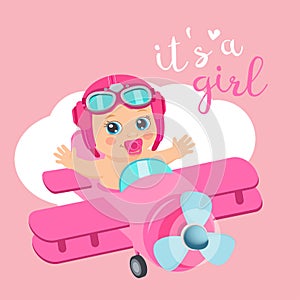 It`s A Girl Beautiful Vector Card. Cute Airplane With Arrival Girl Aviator.