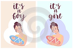 It`s a girl, it`s a boy greeting card. Vector invitation with woman holding cute kids. Baby arrival and shower collection with