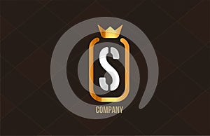S golden king crown alphabet letter logo for company and corporate. Gold luxury design. Can be used as an icon for a product or