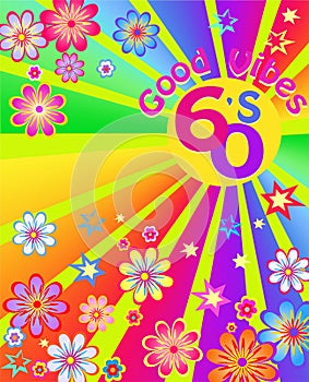 60âs hippie style art vertical banner with multicolored sunburst, good vibes slogan, flowers-powers, stars photo