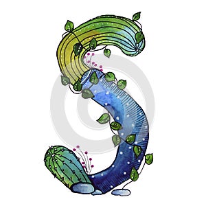 S letter in the form of cactus in blue colors, green eco English letter Illustration on a white background