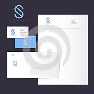 S logo and Identity. S blue monogram isolated, on dark background. Corporate style, envelope, letterhead, business card.