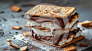S\'mores with melted marshmallow and chocolate between graham crackers. Traditional sweet snack in US and Canada