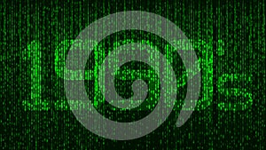 1990`s nineties computer coding title logo with green glowing numbers and a code background photo