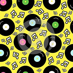 80s nostalgia style, Vintage retro 80`s fashion seamless background. Pattern with vinyl record. photo