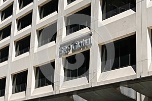 S&P Global sign on facade of business corporation headquarters in the Financial District of Manhattan - New York, USA - 2021