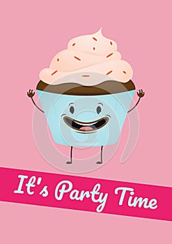 It\'s party time text on pink band with smiling cupcake on pink background