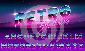 80 s purple neon retro font. Futuristic metal chrome letters. Bright Alphabet on dark background. Light Symbols Sign for photo