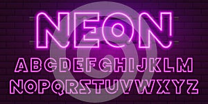 80 s purple neon retro font. Futuristic chrome letters. Bright Alphabet on dark background. Light Symbols Sign for night