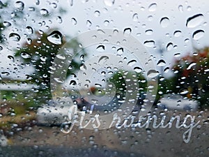 It`s Raining Texts Overlay on Blurred Background of Rain Droplets on Mirror.