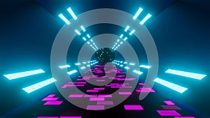 80s retro abstract technology background blue tunnel light. Futuristic city skyline night with glowing line. Laser game neon light