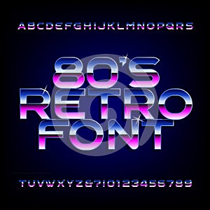 80's retro alphabet font. Metallic effect shiny letters and numbers.