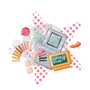 90s retro childhood elements. Brick game, cartridge for console, pocket pet, lollipop and slinky. Flat style vector photo