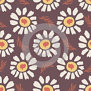 1970s Retro Daisy Wildflower Motif Background. Naive Margerite Flower Seamless Pattern. White on Brown. Delicate Leaves photo