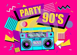 90s retro music poster. 90s party banner design, retro boombox on funky colorful background. Poster, flyer, invitation