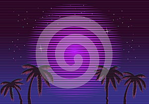 80s Retro Neon gradient background. Palms and sun. Tv glitch effect. Sci-fi beach. photo