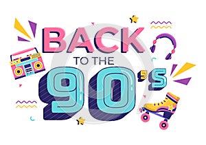 90s Retro Party Cartoon Background Illustration with Nineties Music, Sneakers, Radio, Dance Time and Tape Cassette in Trendy Style