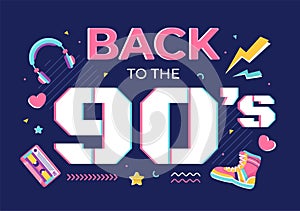 90s Retro Party Cartoon Background Illustration with Nineties Music, Sneakers, Radio, Dance Time and Tape Cassette in Trendy Style