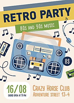 80s and 90s retro music party flyer design. Poster template for nostalgia event in 1980s and 1990s style. Ad placard of photo