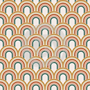 70 s seamless pattern. Retro colorful arc geometric seamless background in seventies style. Groovy scrapbook paper. Yellow, orange