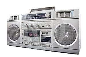 1980s Silver retro, boom box and headphone isolated on white. right side photo