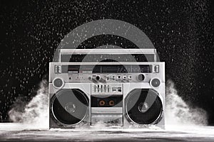 1980s Silver Retro ghetto blaster and dust isolated on black wit photo