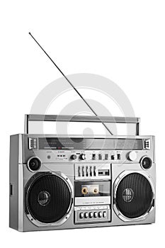 1980s Silver retro radio boom box with antenna up isolated on white background