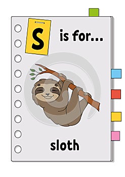 S is for sloth. ABC game for kids. Word and letter. Learning words for study English. Cartoon character. Color vector illustration