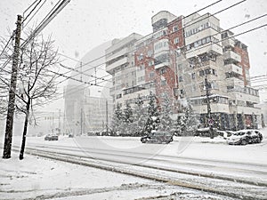 It`s snowing in Baia Mare city, Romania