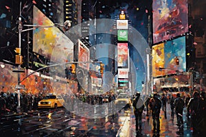 s Square, featured with Broadway Theaters and huge number of LED signs, A bustling Times Square on New Year\'s Eve