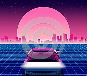 80s style sci-fi background with supercar photo