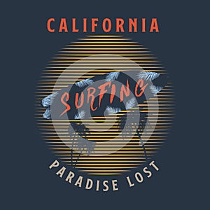 80s style vintage California typography. Retro t-shirt graphics with tropical paradise scene and tropic palms. Vector