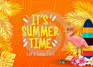 It`s Summer Time Let`s Have Fun with Flamingo, Surfboard, Flowers, Palm Leaves in Orange Background