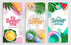 It\'s summer time text vector poster set. Summer time greeting text with drinks, sunglasses photo