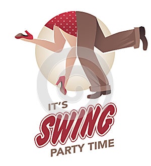 It`s swing party time: Legs of man and woman wearing retro clothes and shoes dancing