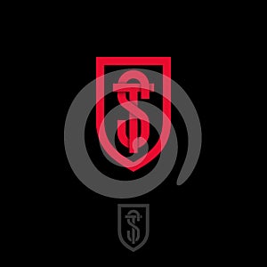 S and T letters monogram. Interlaced, crossed letters S and T. Letters and red shield, isolated on a dark background.