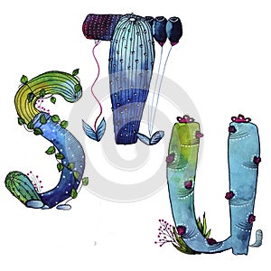 S, T, U letter in the form of cactus in blue colors, green eco English letter Illustration on a white background