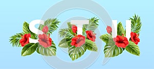 S T U letters surrounded by summer tropical leaves and red hibiscus flowers. Tropical font for summer decoration. Vector