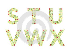 S,t,v,w,x floral alphabet letters. Capital letters made flowers and green leaves cartoon vector illustration